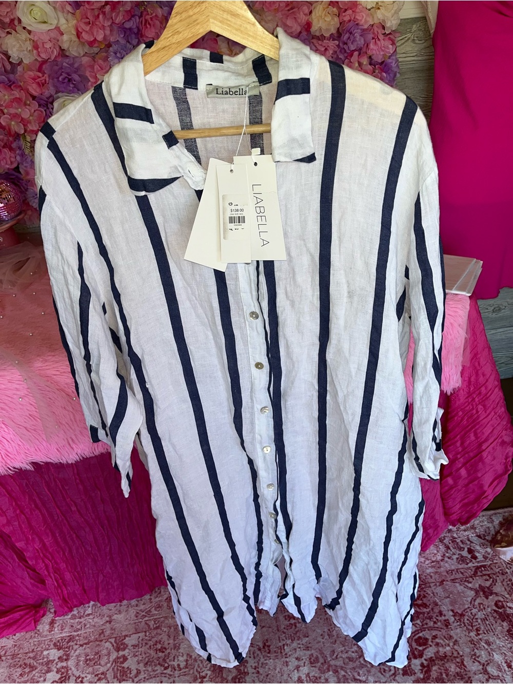 Liabella White & Navy Stripe Long Tunic Button-Down